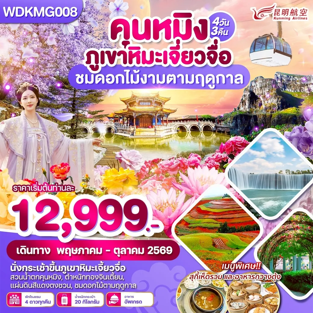 ทัวร์จีน นหมิง ภูเขาหิมะเจี้ยวจื่อ แผ่นดินสีแดง ชมดอกไม้ตามฤดูกาล 4วัน 3คืน (KY)